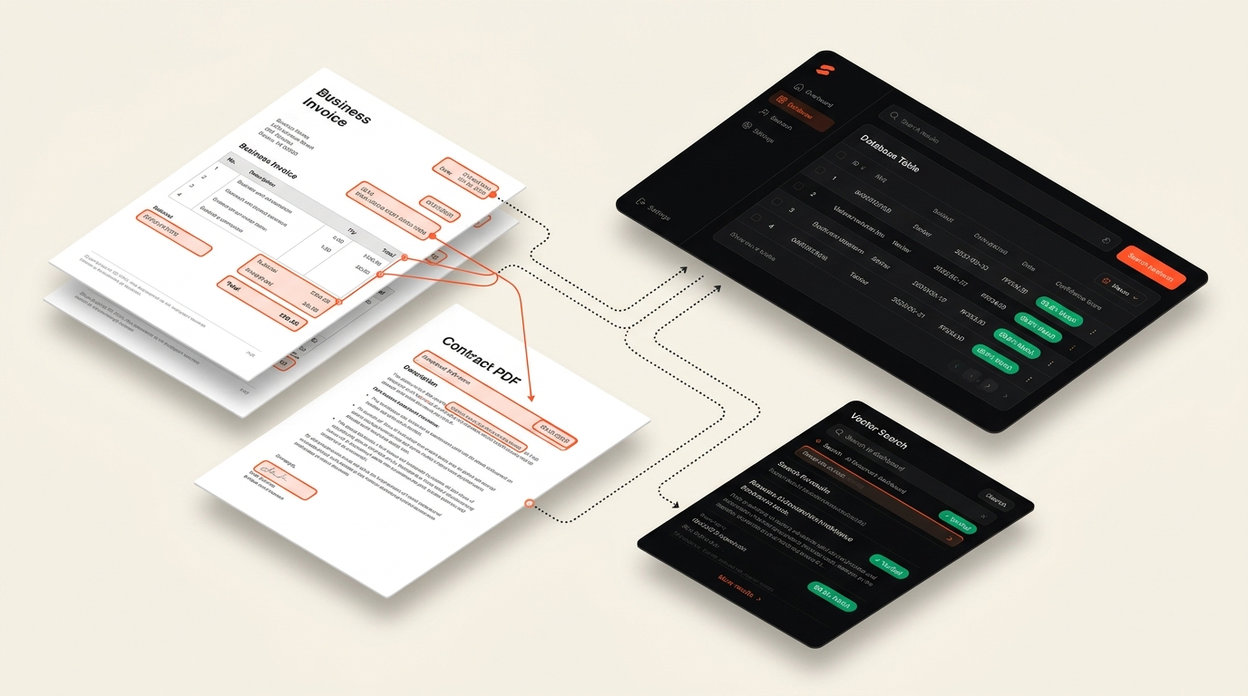 Mockup d'une solution d'extraction documentaire par IA et moteur de recherche interne RAG conçu par spb.